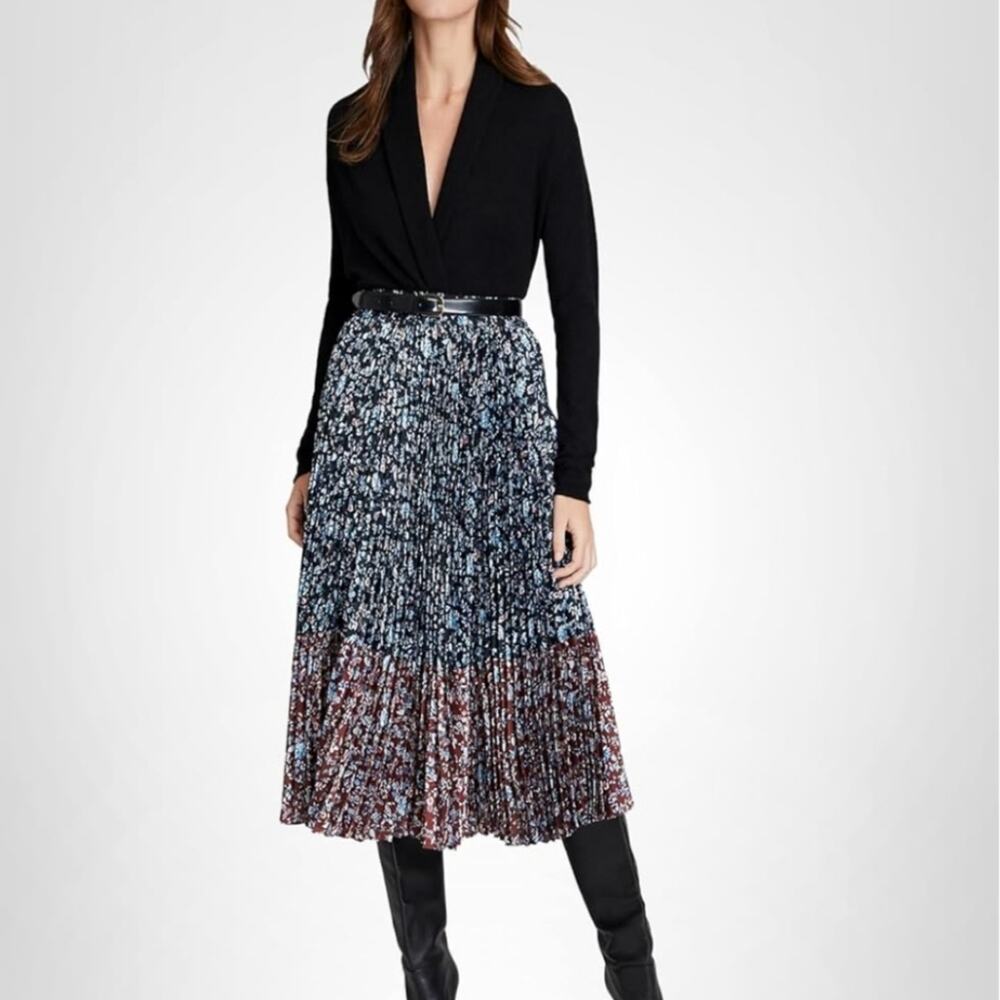 NEW Women's Club Monaco Blue Pleated Orange Ombre Floral Small Knee Length